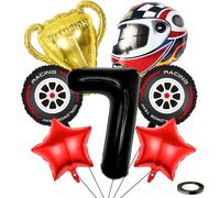 Kawailay Ballons baudruche 7 ans anniversaire d'une voiture course Ballons course 7ème anniversaire Grand casque Roue Pneu Trophée Ballon noir Numéro 7 Ballon pour fête d'anniversaire garçons