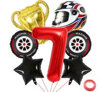 Kawailay Ballons baudruche 7 ans anniversaire d'une voiture course Ballons course 7ème anniversaire Grand casque Roue Pneu Trophée Ballon rouge Numéro 7 Ballon pour fête d'anniversaire garçons
