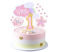 Kawailay Décoration de gâteau d'anniversaire pour fille - Happy Birthday arc-en-ciel - Nuages et étoiles - Couvercle de gâteau pour fête prénatale fille - Rose