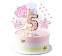 Kawailay Décoration gâteau pour le 5 anniversaire d'une fille Décor gâteau 5 ans avec nuages arc-en-ciel et étoiles Décor gâteau 5 ans pour fille Fournitures fête d'anniversaire - Rose