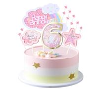 Kawailay Décoration gâteau pour le 6 anniversaire d'une fille Décor gâteau 6 ans avec nuages arc-en-ciel et étoiles Décor gâteau 6 ans pour fille Fournitures fête d'anniversaire - Rose