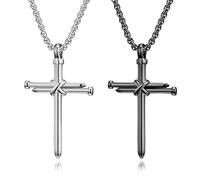 Kawailay Lot de 2 colliers croix, avec pendentif en forme de croix, style vintage, rock, punk, hip hop, rappeur, motard, collier religieux cool pour homme - Argent et noir