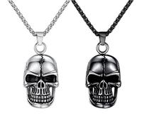 Kawailay Lot de 2 colliers rétro avec pendentif tête de mort - Style gothique rock punk hip hop - Collier Rappeur Biker - Collier cool pour homme - Argent et noir