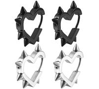 Kawailay Lot de 2 paires de boucles d'oreilles créoles en acier inoxydable avec pic en forme de cœur pour homme et femme Argenté Noir