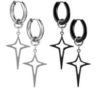 Kawailay Lot de 2 paires de boucles d'oreilles créoles étoiles en acier inoxydable avec croix et étoiles en pendentif style rock punk pour homme et femme - Argenté Noir