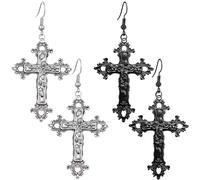 Kawailay Lot de 2 paires de boucles d'oreilles croix gothique vintage pendentif croix boucles d'oreilles rock punk croix crochet boucles d'oreilles pour femmes - argent noir style 2