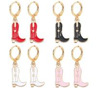 Kawailay Lot de 4 paires de boucles d'oreilles occidentales avec pendentif cowgirl bottes boucles d'oreilles pour femme - Blanc Noir Rose Rouge