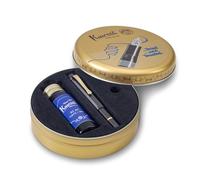Kaweco Piston Sport AL Stylo plume classique avec plume en acier Noir/doré Livré dans une boîte nostalgique avec flacon d'encre Bleu roi 13 cm Plume : EF (extra fine)