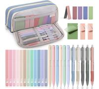 Kawoq-32pcs Papeterie Esthétique Avec Trousse Bleue, 12 Surligneurs Pastel, 6 Stylos Couleur, 5 Stylos Noire, 5 Signet Magnétiques Et 3 Notes Autocollantes Pour Affaire Scolaire