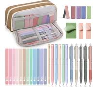 Kawoq-Lot De 32 Fourniture Scolaire Aesthetic Avec Trousse Marron, 12 Surligneurs Pastel, 6 Stylos Couleur, 5 Stylos Noire, 5 Signet Magnétiques Et 3 Notes Autocollantes Pour Affaire Scolaire