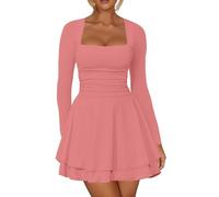 Kaximil Mini robe à col carré et ourlet à volants pour femme - Taille froncée - Manches longues - Corset - Robe de fête courte, Rose d'eau, Taille L