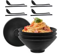Kaxtde Lot de 4 bols à ramen japonais réutilisables de 1200 ml avec cuillères, baguettes, bols à soupe noirs incassables pour salade asiatique udon pho, céréales, riz udon, passe au lave-vaisselle