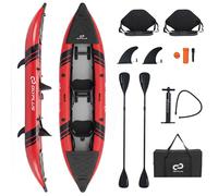 Kayak Gonflable 2 Places 381x94x40cm COSTWAY-2 Pagaies en Aluminium,2 Ailerons Amovibles,Kit de Réparation-Pompe à Main-230kg-Rouge