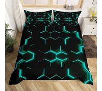 KAYAMU Housse de Couette 220x240 Motif Hexagonal, Parure de Lit Bleu 2 Personnes Imprimée, Microfibre Housse Couette et 2 Taies d'oreiller 65x65 cm