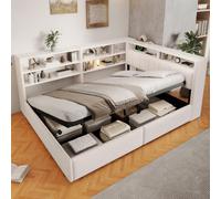 Kayan Canapé-lit 140 x 200 cm, avec rangement hydraulique, prise, élément d'armoire latérale montable gauche/droite, avec port USB, avec barre lumineuse LED, velours, sans matelas, blanc