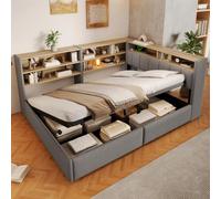 Kayan Canapé-lit 140 x 200 cm, avec rangement hydraulique, prise, élément d'armoire latérale montable gauche/droite, avec port USB, avec barre lumineuse LED, velours, sans matelas, gris