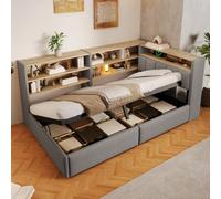 Kayan Canapé-lit 90 x 200 cm, avec rangement hydraulique, prise, élément d'armoire latérale montable gauche/droite, avec port USB, avec barre lumineuse LED, velours, sans matelas, gris