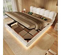 Kayan Lit double capitonné, 140 x 200 cm, avec effet flottant, design bulle, espace de rangement hydraulique, avec LED, port de charge USB et type C, chenille, beige, sans matelas