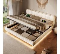 Kayan Lit double capitonné, 160 x 200 cm, avec effet flottant, design bulle, espace de rangement hydraulique, avec LED, port de charge USB et type C, chenille, beige, sans matelas