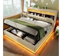 Kayan Lit double rembourré 140 x 190 cm, tête de lit avec ports USB et de type C, éclairage LED sur la tête et le pied du lit, avec espace de rangement hydraulique, sans matelas