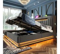 Kayan Lit double rembourré 140 x 200 cm, tête de lit avec ports USB et de type C, éclairage LED sur la tête et le pied du lit, avec espace de rangement hydraulique, avec matelas