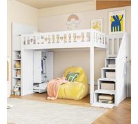 Kayan Lit mezzanine pour enfant 90 x 200 cm, lit superposé avec échelle de rangement, étagères, armoire de rangement pliable, espace libre sous le lit pour habiller, garde-corps en forme d'amour