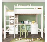 Kayan Lit mezzanine pour enfant avec bureau USB-C, armoire et classeur, lit simple avec escalier et sommier à lattes, lit de rangement, 90 x 200 cm, sans matelas, blanc