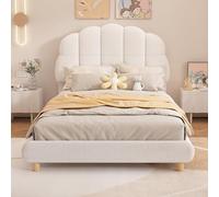 Kayan Lit simple capitonné, 90 x 200 cm, cadre de lit avec sommier à lattes et tête de lit, sommier à lattes en bois, lit plat, lit d'enfant, lit rembourré, peluche (blanc)