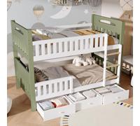 Kayan Lit superposé en bois 90 x 200 cm, avec échelle, garde-corps surélevé, étagère latérale et 3 tiroirs, pour 2 enfants, blanc + vert, sans matelas