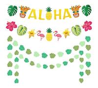 KAYEF décoration tropicale anniversaire, 4 pieces deco hawaienne- flamingo pineapple tiki tropical party supplies, gold glitter aloha logo flag for summer pools
