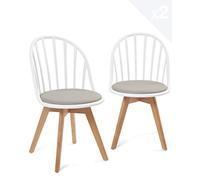 KAYELLES Lot de 2 chaises bistrot à barreaux Style scandinave pour Cuisine, Salle à Manger ou Chambre. Siège avec Coussin Simili Cuir rembourré, Pieds en Bois de hêtre Clair Bold (Blanc Gris)