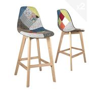 KAYELLES Lot de 2 chaises de Bar Patchwork, Hauteur Assise 67 cm, Style scandinave, Large et Confortable siège à Haut Dossier, Tissu rembourré, Pieds Bois de hêtre Clair Slick (Floral)