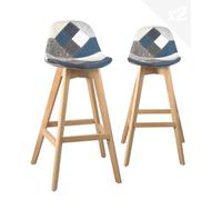 KAYELLES Lot de 2 chaises de Bar scandinave, Hauteur 67 cm avec siège Patchwork Tissu rembourré, Pieds Bois de hêtre Naturel Mali (Patch Bleu)