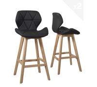 KAYELLES Lot de 2 chaises de Bar scandinave, siège Design Simili Cuir matelassé et rembourré avec Dossier, Hauteur d'assise 67 cm, Pieds Bois de hêtre FATA (Noir)