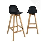 KAYELLES Lot de 2 chaises de Bar scandinave, siège Hauteur 67 cm avec Dossier et Coussin Simili Cuir intégré, Pieds Bois de hêtre Naturel Mali (Noir)