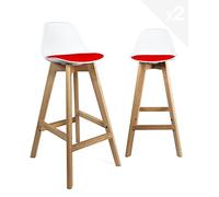 KAYELLES Lot de 2 chaises de Bar scandinave, siège Hauteur 67 cm avec Dossier et Coussin Simili Cuir intégré, Pieds Bois de hêtre Naturel Mali (Blanc Rouge)