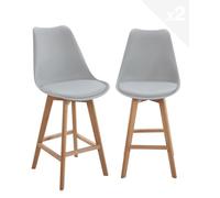 KAYELLES Lot de 2 chaises de Bar scandinaves, Large et Confortable siège avec Coussin Simili Cuir intégré, Hauteur d'assise 70 cm, Pieds en Bois de hêtre TIKA (Gris)