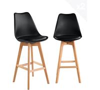 KAYELLES Lot de 2 chaises de Bar scandinaves, Large et Confortable siège avec Coussin Simili Cuir intégré, Hauteur d'assise 70 cm, Pieds en Bois de hêtre TIKA (Noir)