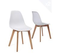 KAYELLES Lot de 2 chaises de Cuisine scandinaves Design. Siège en Plastique Souple Blanc, léger, résistant et Facile d'entretien. Pieds en Bois de hêtre Clair NAO (Blanc)