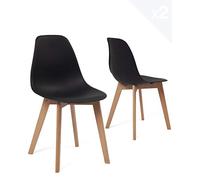 KAYELLES Lot de 2 chaises de Cuisine scandinaves Design. Siège en Plastique Souple Noir, léger, résistant et Facile d'entretien. Pieds en Bois de hêtre Clair NAO (Noir)