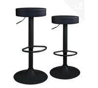KAYELLES Lot de 2 - Tabourets Bar Noir Rond Simili Cuir sans Dossier, Hauteur réglable, Repose Pieds, pivotants 360° Pied Noir YO (Noir intégral)
