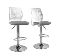 KAYELLES Lot de 2 tabourets chaises de Bar, siège avec Dossier Souple et Assise Simili Cuir rembourré, pivotant 360°, Repose-Pieds, Hauteur réglable, Pied Chrome SAWA (Blanc et Gris)