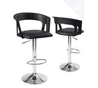 KAYELLES Lot de 2 tabourets de Bar Cuisine, Hauteur réglable, pivotant 360°, Repose Pieds, Assise Simili Cuir rembourrée, Dossier et accoudoirs, Pied Chrome AYO (Noir)