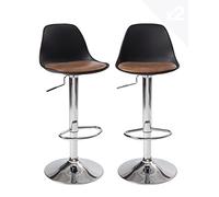 KAYELLES Lot de 2 tabourets de Bar Design Coussin Simili Cuir Effet Vintage rembourré, Repose Pied, Pied chromé réglable en Hauteur et pivotant 360° SIG + (Noir-Marron)