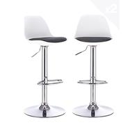 KAYELLES Lot de 2 tabourets de Bar Design Coussin Simili Cuir rembourré, Repose Pieds, réglable en Hauteur et pivotant 360° Pied Chrome SIG (Blanc - Noir)