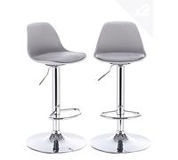 KAYELLES Lot de 2 tabourets de Bar Design Coussin Simili Cuir rembourré, Repose Pieds, réglable en Hauteur et pivotant 360° Pied Chrome SIG (Gris)