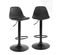 KAYELLES Lot de 2 tabourets de Bar Noir Design Coussin Simili Cuir rembourré, Repose Pied, réglable en Hauteur et pivotant 360° SIG (Noir intégral)