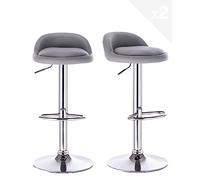 KAYELLES Lot de 2 tabourets de Bar siège Simili Cuir rembourré, Petit Dossier, Repose Pieds, réglable en Hauteur et pivotant 360° Pied Chrome Sati (Gris)