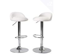 KAYELLES Lot de 2 tabourets de Bar siège Simili Cuir rembourré, Petit Dossier, Repose Pieds, réglable en Hauteur et pivotant 360° Pied Chrome Sati (Blanc)