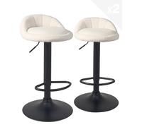 KAYELLES Lot de 2 tabourets de Bar siège Tissu Bouclette, Petit Dossier, Repose Pieds, réglable en Hauteur et pivotant 360° Pied Noir Sati (Blanc et Noir)
